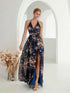 Elegant Flower Print Chiffon Dress for Women - Sexy Halter V Neck Backless Long Summer Fashion Party Dress